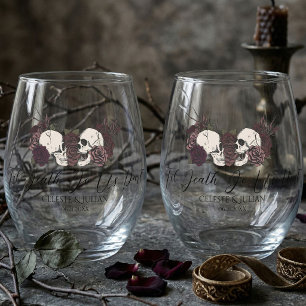 Gothic Skulls & Roses Til Death Wedding Stemless Wine Glass