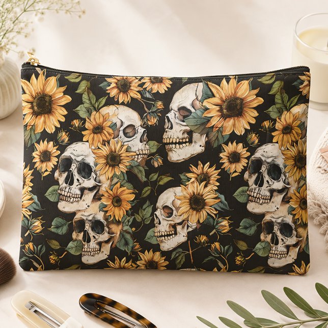 Gothic Skulls & Sunflowers Dark Floral Accessory Pouch (Creator Uploaded)