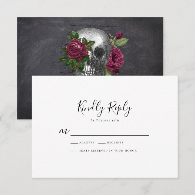 Gothic Slate Skull Roses | Wedding RSVP Card (Front/Back)