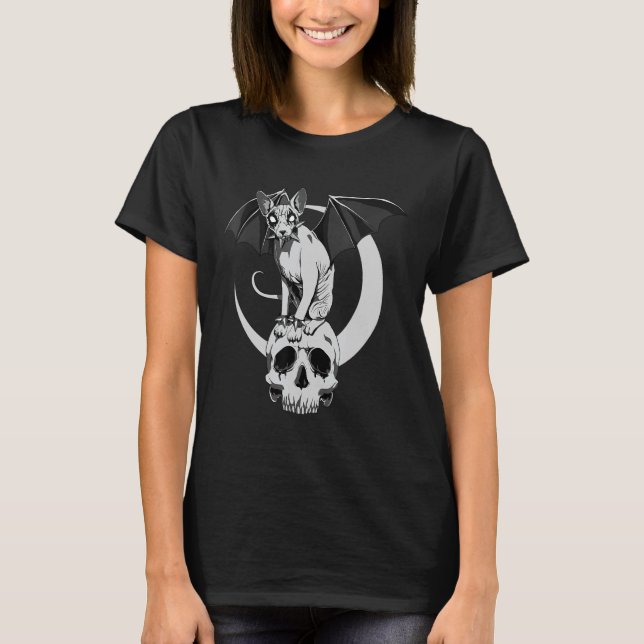 Gothic Sphynx Cat Bat Wicca Goth Skull Evil Pagan  T-Shirt (Front)