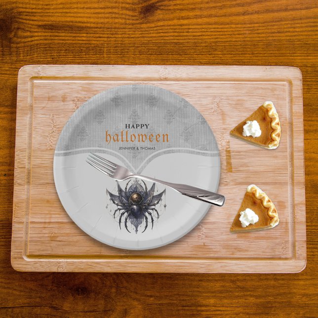 Gothic spider and damask pattern Halloween party Paper Plate (Creator Uploaded)