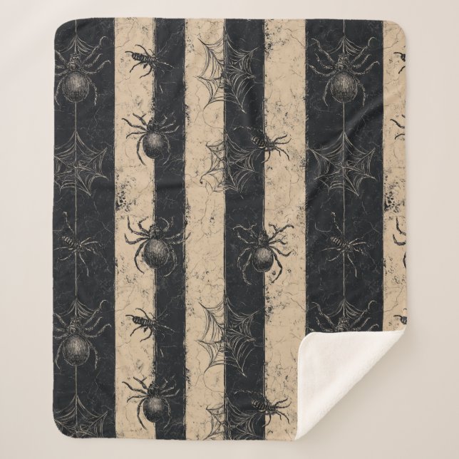 Gothic Spider and Web Striped Halloween Pattern Sherpa Blanket (Front)