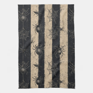 Gothic Spider and Web Striped Halloween Pattern Tea Towel