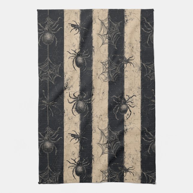 Gothic Spider and Web Striped Halloween Pattern Tea Towel (Vertical)
