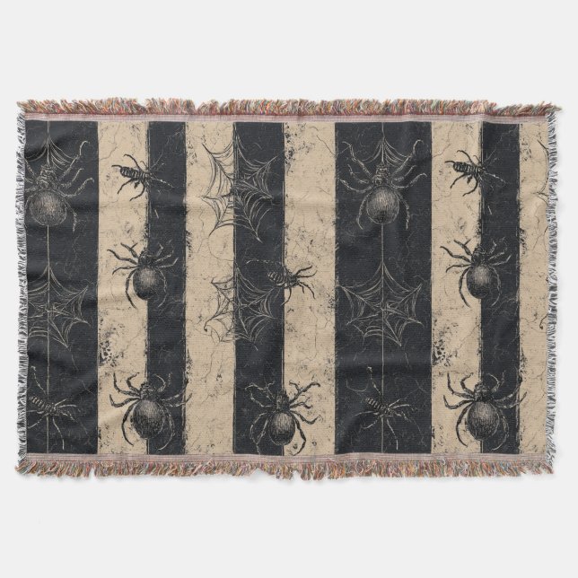 Gothic Spider and Web Striped Halloween Pattern Throw Blanket (Front)