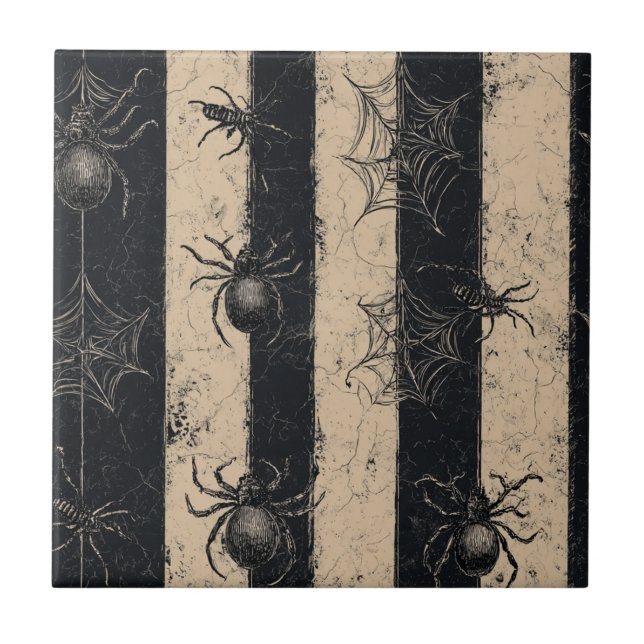 Gothic Spider and Web Striped Halloween Pattern Tile (Front)