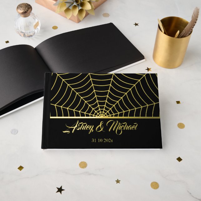 Gothic spider web Custom Wedding black gold foil Guest Book (Front Open)