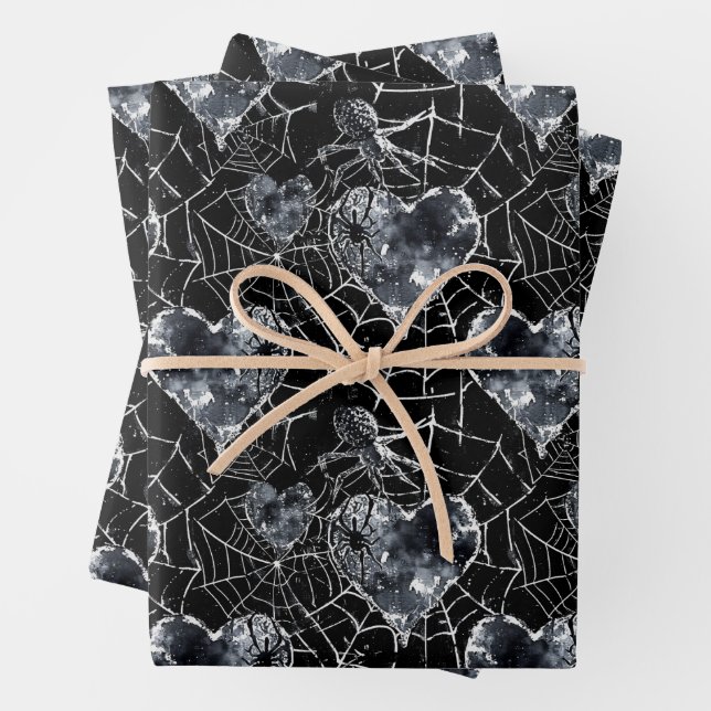 Gothic Spider Web Hearts Romantic Wrapping Paper Sheet (In situ)