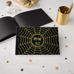 Gothic spider web Monogram Wedding black gold foil Guest Book
