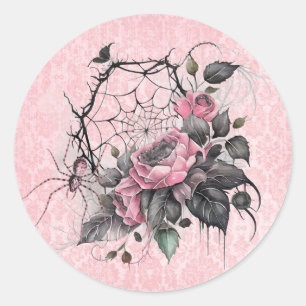 Gothic Spider Web with Roses Pink Halloween Classic Round Sticker