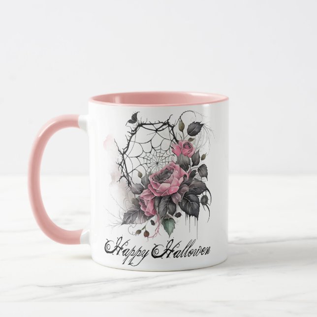 Gothic Spider Web with Roses | Pink Halloween Mug (Left)