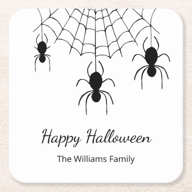 Gothic Spiders Black White Halloween Party Square Paper Coaster (Front)