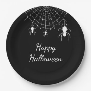 Gothic Spiders Simple Black White Happy Halloween  Paper Plate