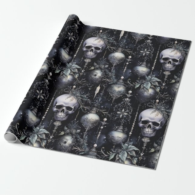 Gothic Spooky Christmas Skulls Wrapping Paper (Unrolled)