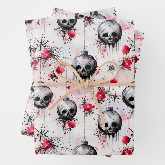 Gothic Spooky Christmas Skulls Wrapping Paper Sheet (In situ)