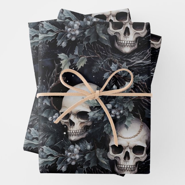 Gothic Spooky Christmas Skulls Wrapping Paper Sheet (In situ)