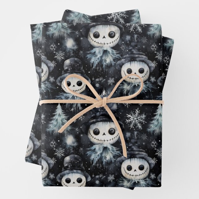 Gothic Spooky Christmas Snowman Wrapping Paper Sheet (In situ)