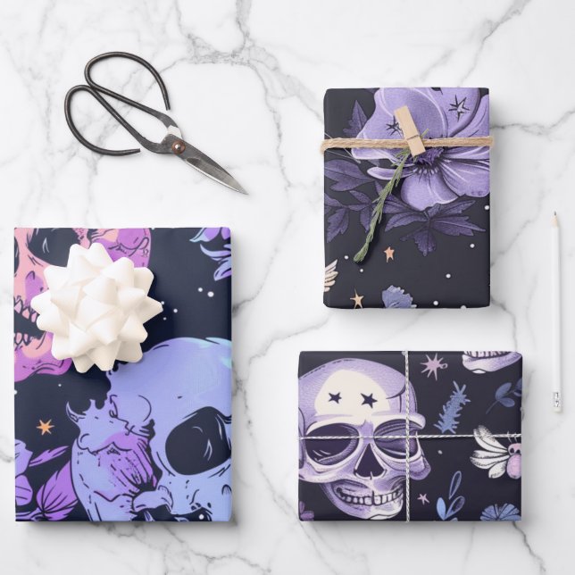 Gothic Spooky Flowers Skull Wrapping Paper Sheet (Front)