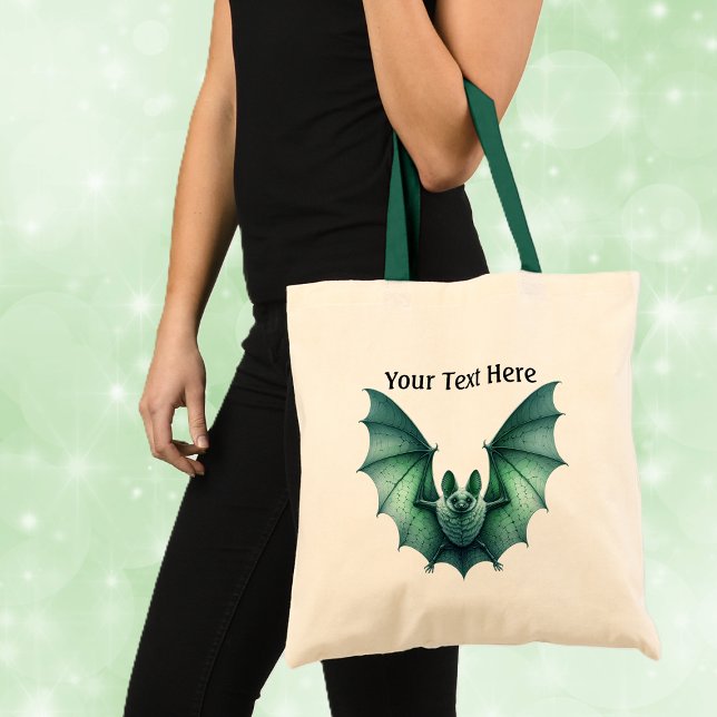 Gothic Spooky Green Bat Wings Spread Tote Bag (Spooky Gothic look green furry bat with spread wings on white tote bag with green handles.)
