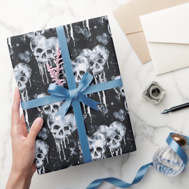 Gothic Spooky Skulls with Hearts Wrapping Paper (Gifting)