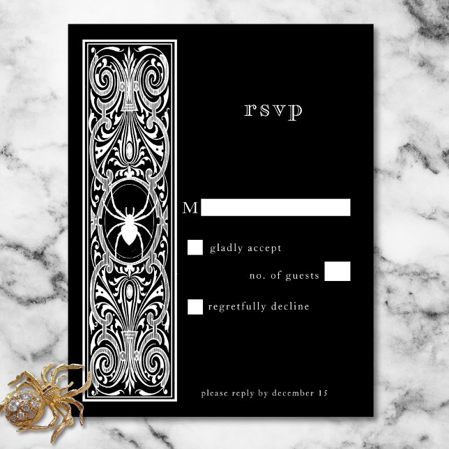 Gothic Spooky Spider Black White Wedding No Dinner RSVP Card (Gothic Spooky Spider Black White Wedding No Dinner RSVP Card)