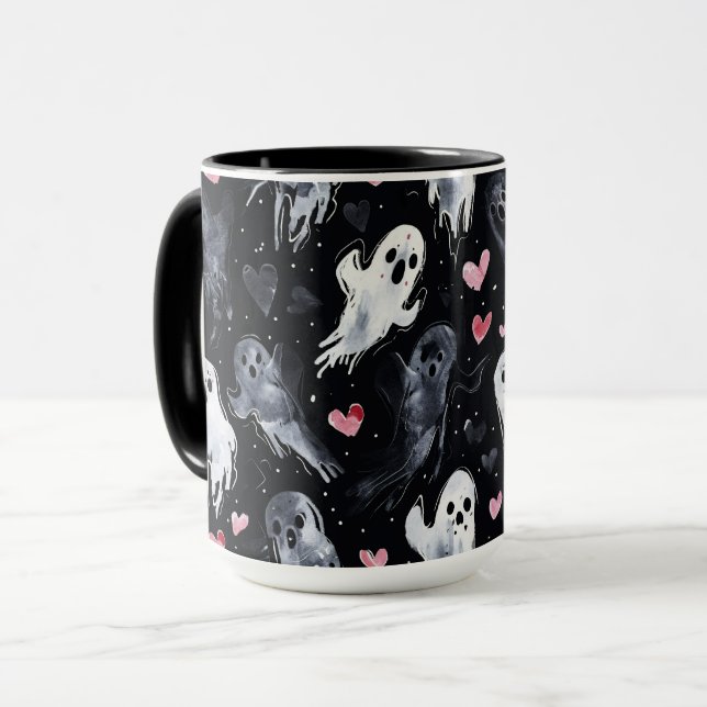 Gothic Spooky Valentine Ghosts with Hearts Mug (Front Left)