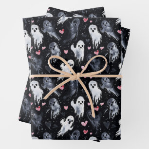 Gothic Spooky Valentine Ghosts with Hearts Wrapping Paper Sheet