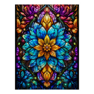Gothic Stained Glass Flower Mandala - Blue and Gol Poster
