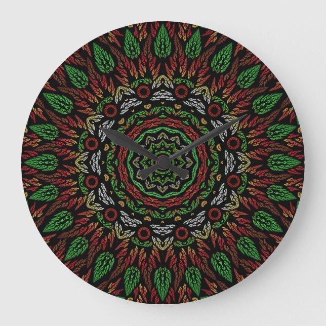 Gothic Stained Glass Leaves Mandala Pattern  Large Clock (Front)