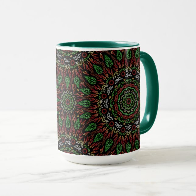 Gothic Stained Glass Leaves Mandala Pattern Mug (Front Right)