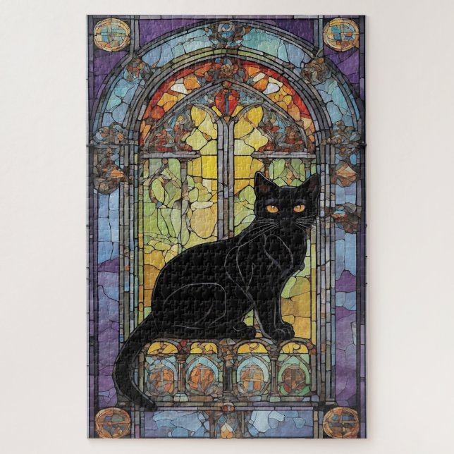 Gothic Stained Glass Window with Black Cat Jigsaw Puzzle (Vertical)