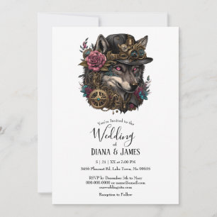Gothic Steampumk Wolf Pink Floral Wedding Invitation