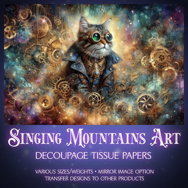 Gothic Steampunk Cat Celestial Voyage Decoupage  Tissue Paper (Creator Uploaded)
