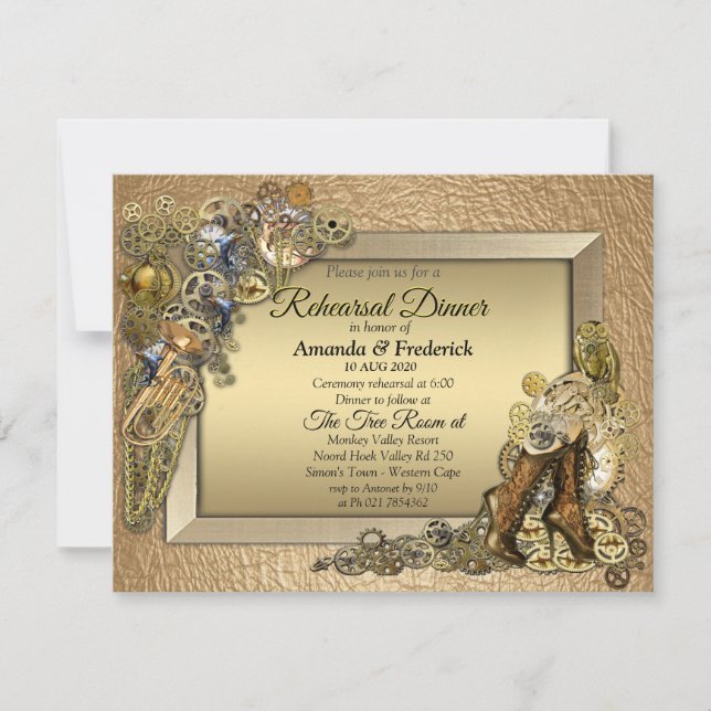 Gothic - Steampunk Gold Leather Rehearsal dinner Invitation (Front)