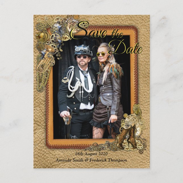 Gothic - Steampunk On leather Save the Date Announcement Postcard (Front)