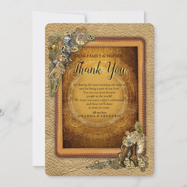 Gothic - Steampunk Sculptures on Leather Thank You Invitation (Front)