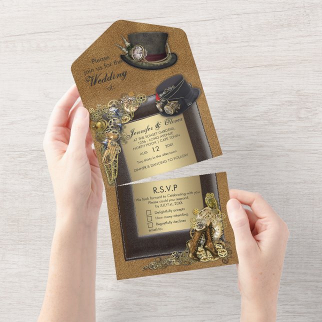 Gothic Steampunk & Suede All in One Wedding Invite (Tearaway)
