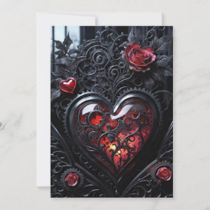 Gothic Steampunk Valentine Red & Black Gear Hearts Holiday Card