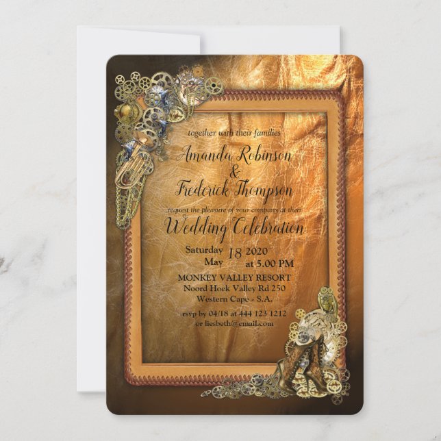 Gothic  - Steampunk Wedding On Leather Invitation (Front)