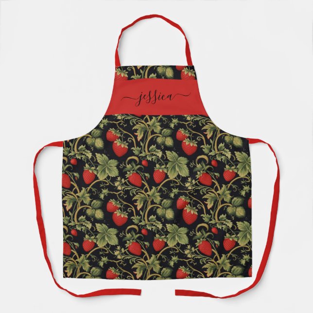 Gothic strawberry pattern script name apron (Front)