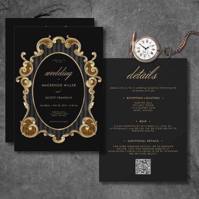 Gothic Striped Damask Black Gold Frame Two Sided Invitation (Gothic Striped Damask Black & Gold Frame Wedding Invitation)