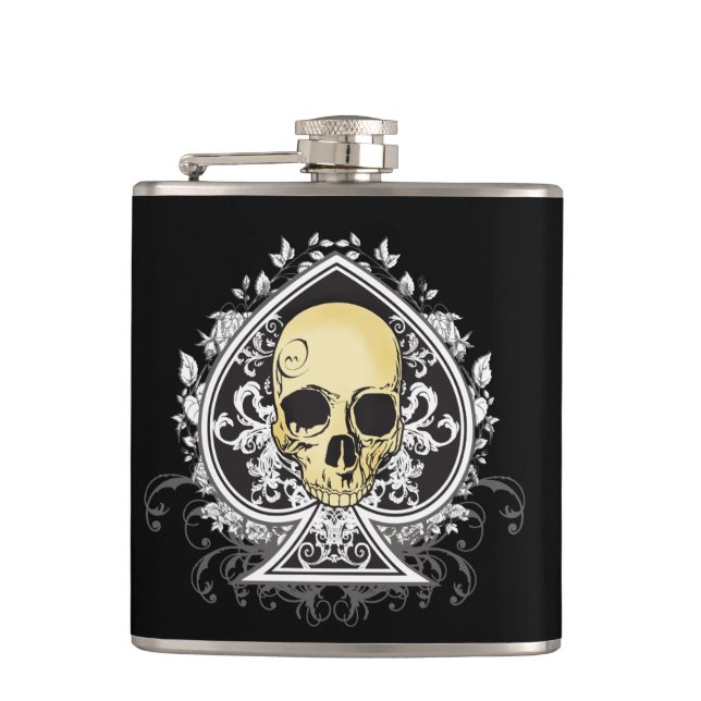 Gothic style black ace of spades with skull, hip flask (Front)
