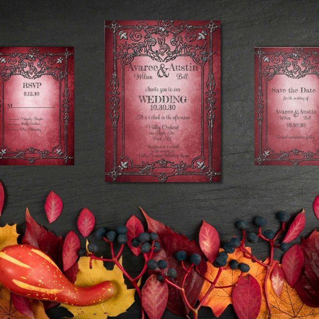 Gothic Style Dark Burgundy Silver Frame Wedding Invitation (Creator Uploaded)