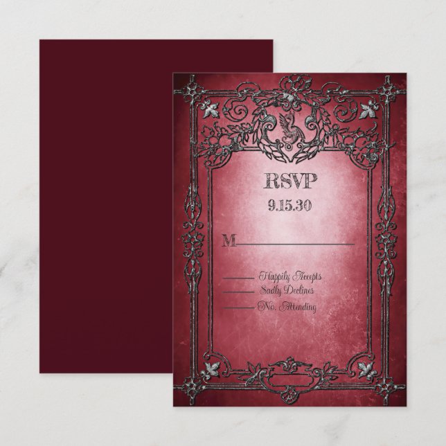 Gothic Style Dark Burgundy Silver Frame Wedding RSVP Card (Front/Back)