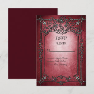 Gothic Style Dark Burgundy Silver Frame Wedding RSVP Card