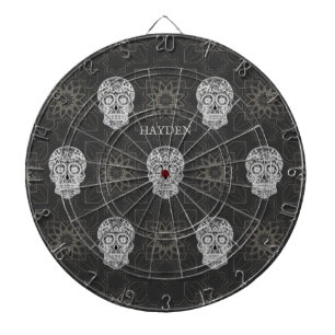 Gothic Sugar Skull and Grey Geometric Pattern Dartboard