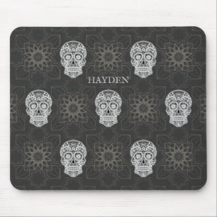 Gothic Sugar Skull and Grey Geometric Pattern Mouse Mat