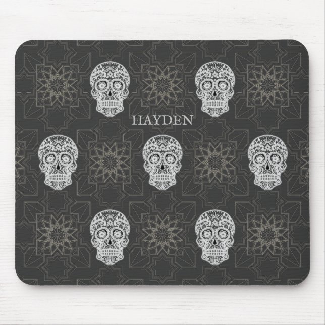 Gothic Sugar Skull and Grey Geometric Pattern Mouse Mat (Front)