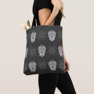 Gothic Sugar Skull and Grey Geometric Pattern Tote Bag
