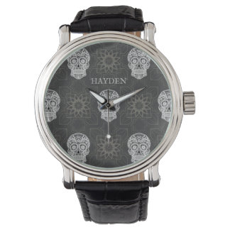 Gothic Sugar Skull and Grey Geometric Pattern Watch